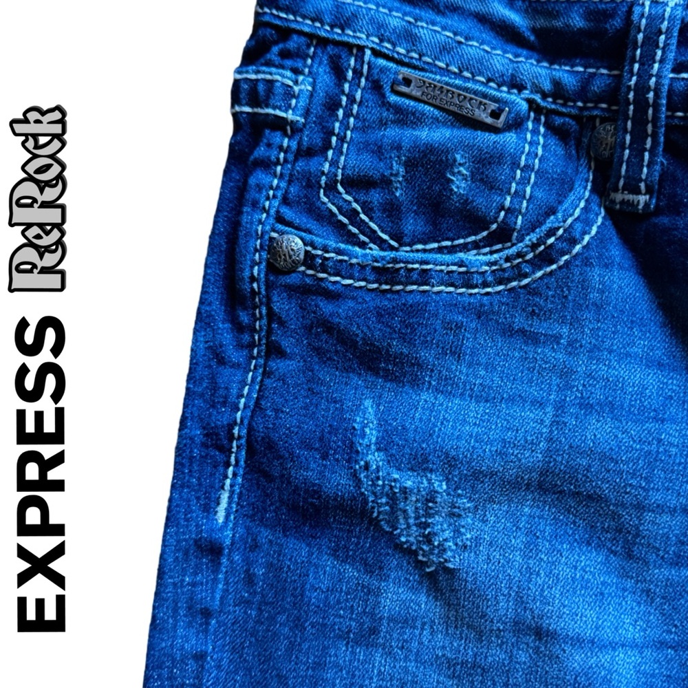 NEW Express ReRock Women’s Jeans, Retro Slim Bootcut, Distressed, Sanded Size 0R - Picture 9 of 12